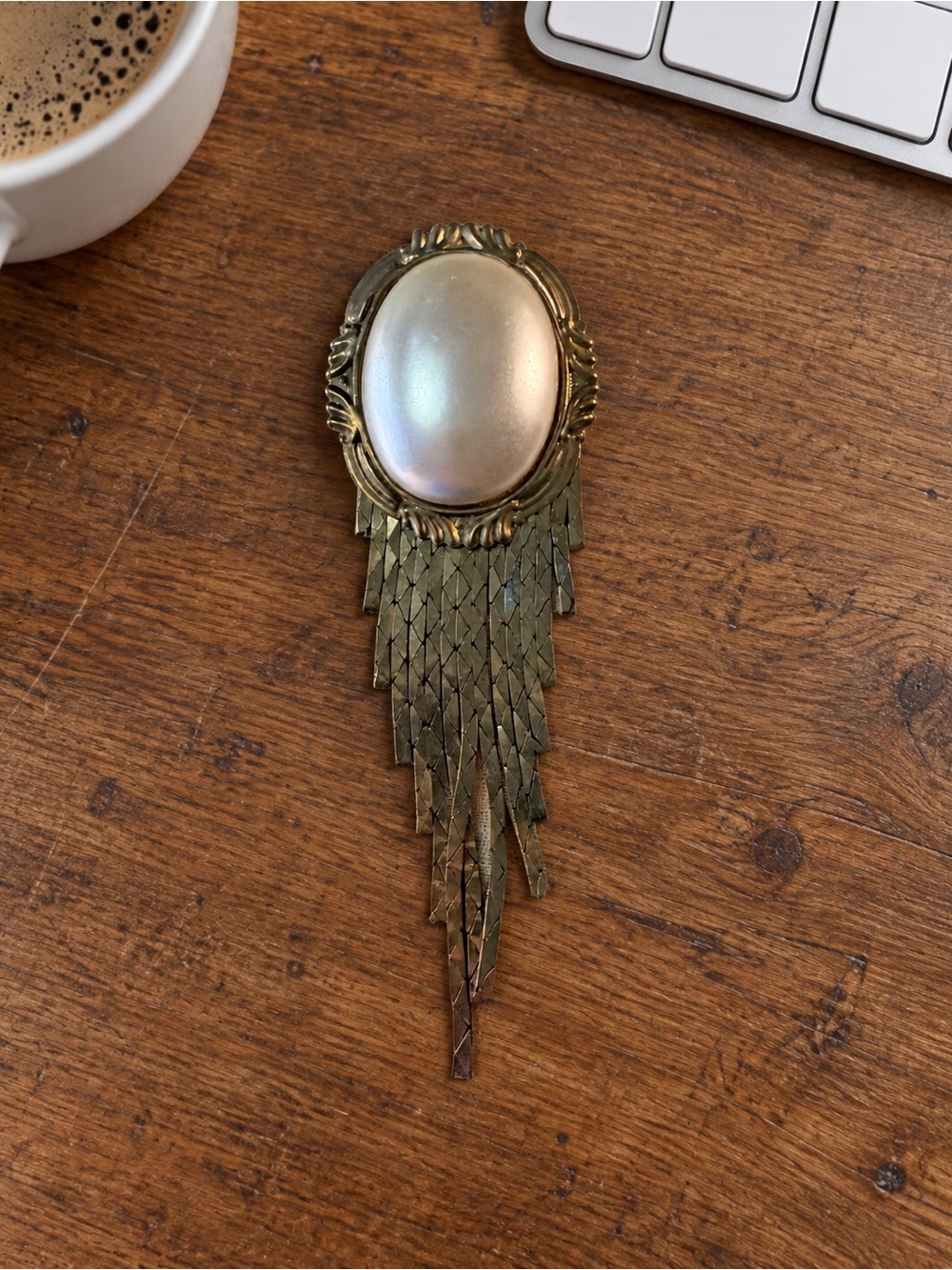 Vintage Gold-Tone Faux Pearl & Mesh Fringe Statement Brooch